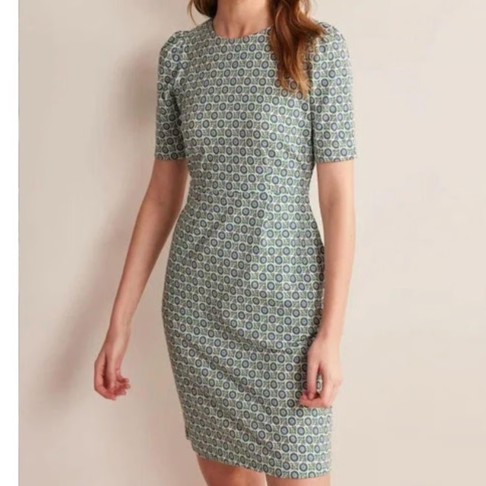 Boden NWT Women’s Zoe Jersey Dress Size 10P Geometric‎ Botanic Floral Blue Green